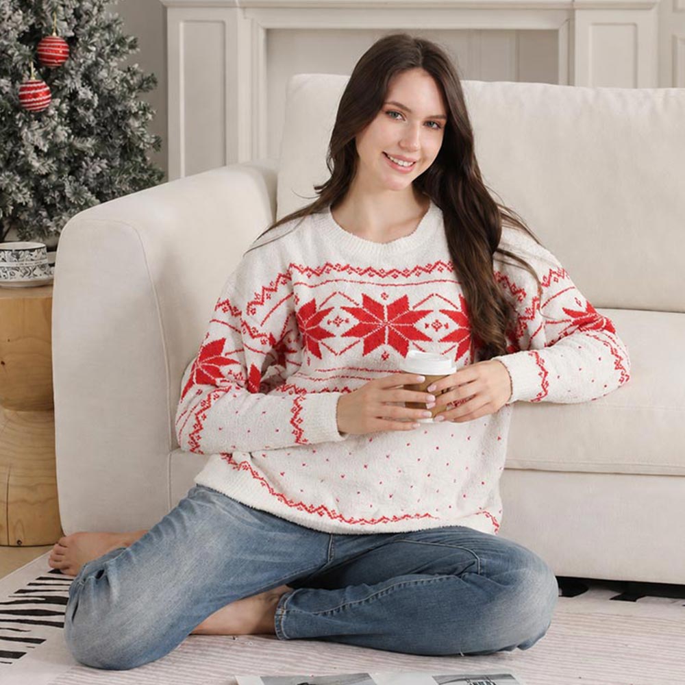 Red & White  Classic and Festive Microfiber Plush Snowflake Print Holiday Sweater M H W ACCESSORIES LLC Red & White  Classic and Festive Microfiber Plush Snowflake Print Holiday Sweater