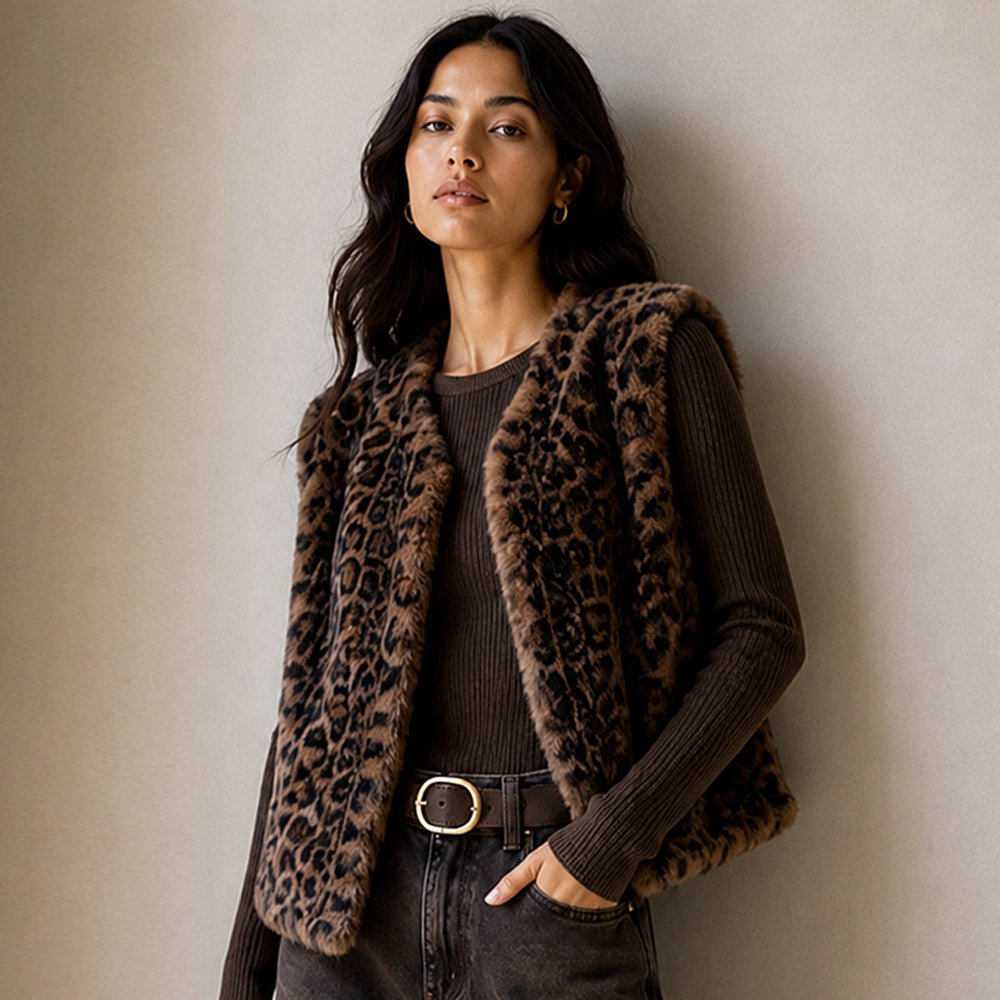 Leopard Print Faux Fur Plush Open Front Vest For Women M H W ACCESSORIES LLC Leopard Print Faux Fur Plush Open Front Vest For Women
