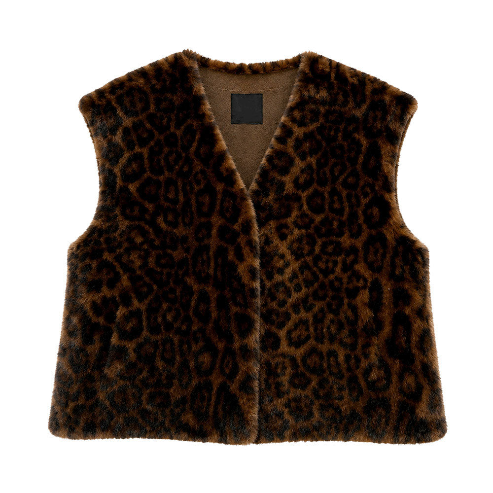 Leopard Print Faux Fur Plush Open Front Vest For Women M H W ACCESSORIES LLC Leopard Print Faux Fur Plush Open Front Vest For Women