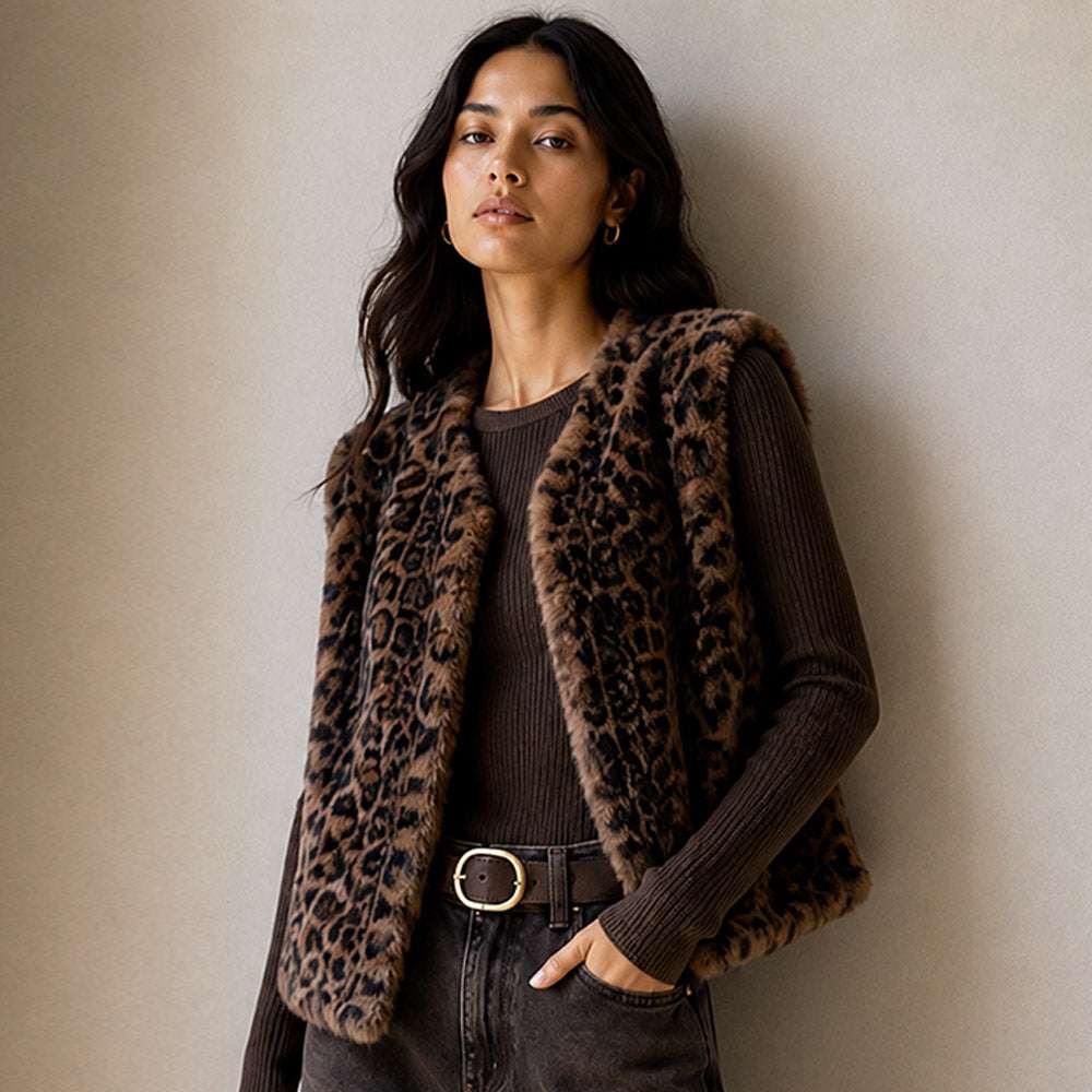 Leopard Print Faux Fur Plush Open Front Vest For Women M H W ACCESSORIES LLC Leopard Print Faux Fur Plush Open Front Vest For Women