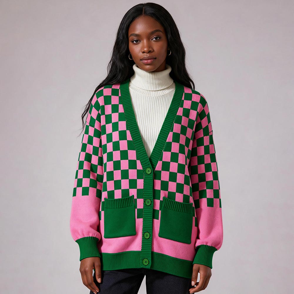 Pink & Green Checkerboard Pattern Button Front Cardigan M H W ACCESSORIES LLC Pink & Green Checkerboard Pattern Button Front Cardigan