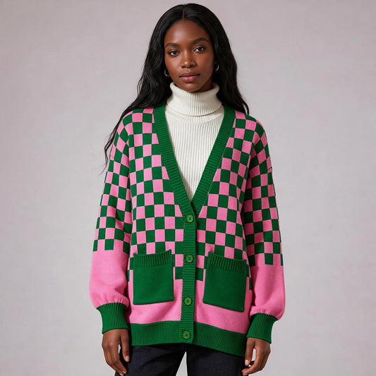 Pink & Green Checkerboard Pattern Button Front Cardigan M H W ACCESSORIES LLC Pink & Green Checkerboard Pattern Button Front Cardigan