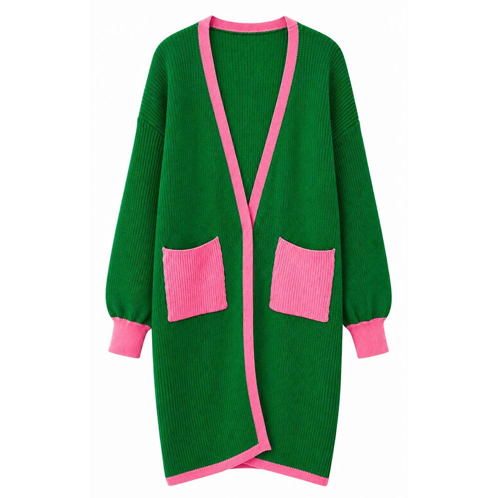Green & Pink Puff Sleeves Contrast Trim Open Front Long Cardigan M H W ACCESSORIES LLC Green & Pink Puff Sleeves Contrast Trim Open Front Long Cardigan