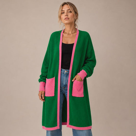 Green & Pink Puff Sleeves Contrast Trim Open Front Long Cardigan M H W ACCESSORIES LLC Green & Pink Puff Sleeves Contrast Trim Open Front Long Cardigan