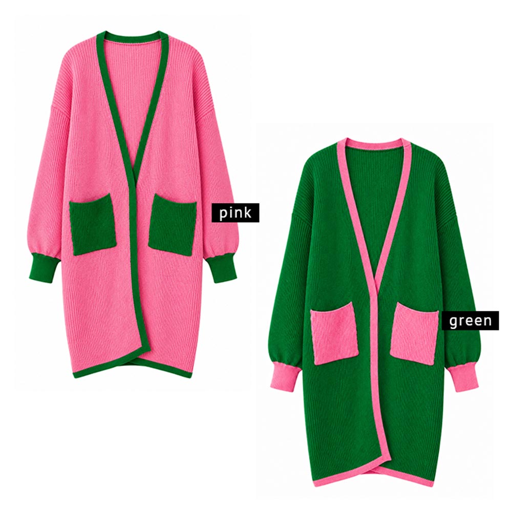Green & Pink Puff Sleeves Contrast Trim Open Front Long Cardigan M H W ACCESSORIES LLC Green & Pink Puff Sleeves Contrast Trim Open Front Long Cardigan