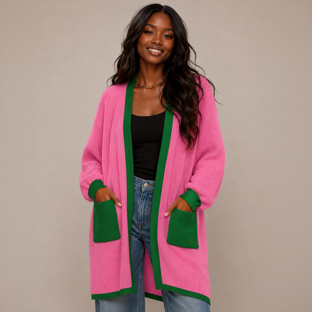 Pink & Green Puff Sleeves Contrast Trim Open Front Long Cardigan M H W ACCESSORIES LLC Pink & Green Puff Sleeves Contrast Trim Open Front Long Cardigan