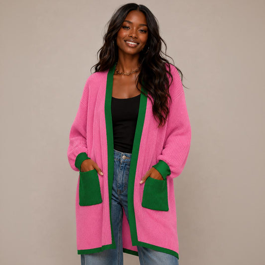 Pink & Green Puff Sleeves Contrast Trim Open Front Long Cardigan M H W ACCESSORIES LLC Pink & Green Puff Sleeves Contrast Trim Open Front Long Cardigan