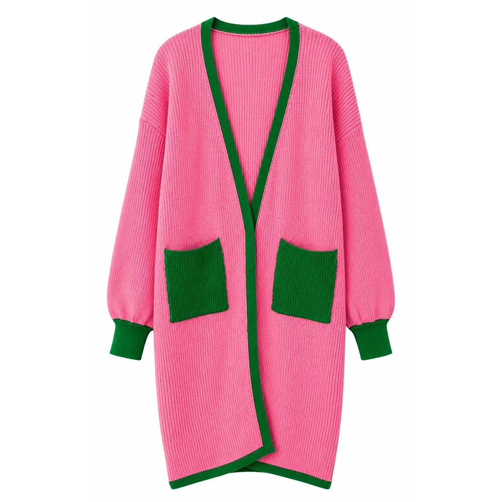 Pink & Green Puff Sleeves Contrast Trim Open Front Long Cardigan M H W ACCESSORIES LLC Pink & Green Puff Sleeves Contrast Trim Open Front Long Cardigan
