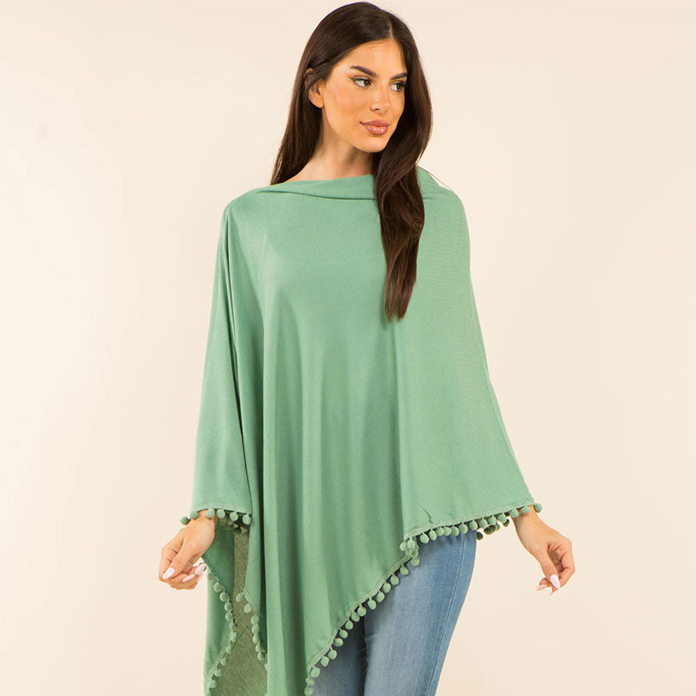 Mint Pom Pom Trim Solid Asymmetrical Poncho