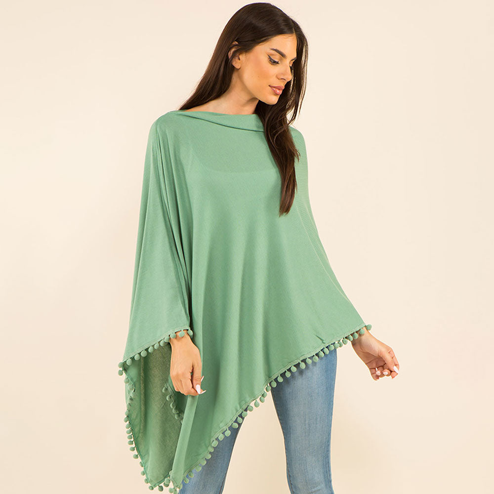 Mint Pom Pom Trim Solid Asymmetrical Poncho