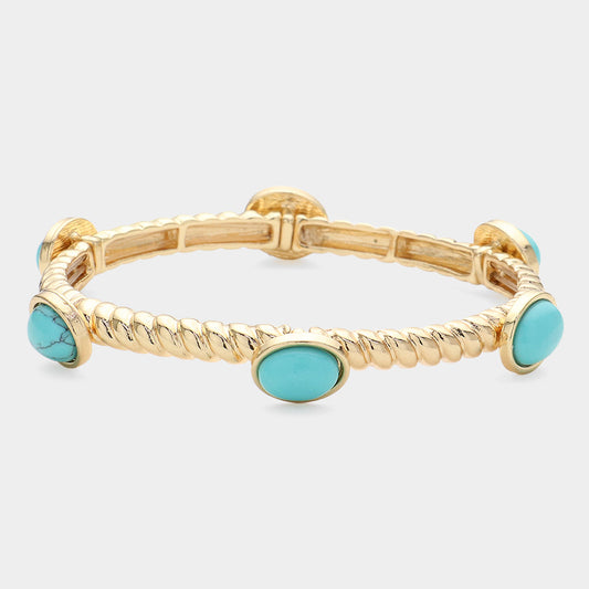 Turquoise Natural Oval Cluster Gold Stretch Bracelet - M H W ACCESSORIES LLC