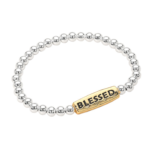 Blessed Message Engraved Beaded Stretch Bracelet