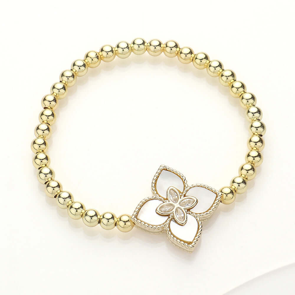 Stretch Marquise CZ Stone Pointed Mother of Pearl Clover Charm Bracelet - M H W ACCESSORIES LLC