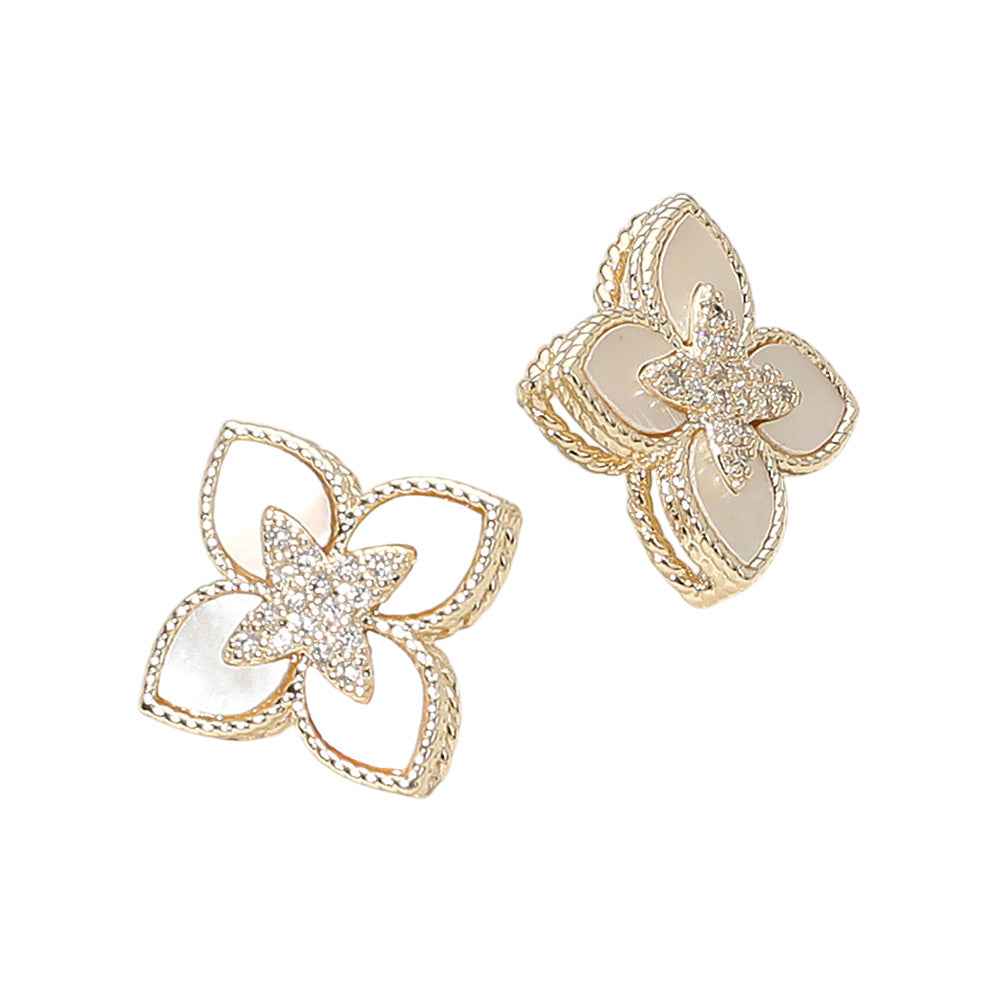 14K Gold Plated CZ Stone Paved Center Mother of Pearl Floral Clover Stud Earrings