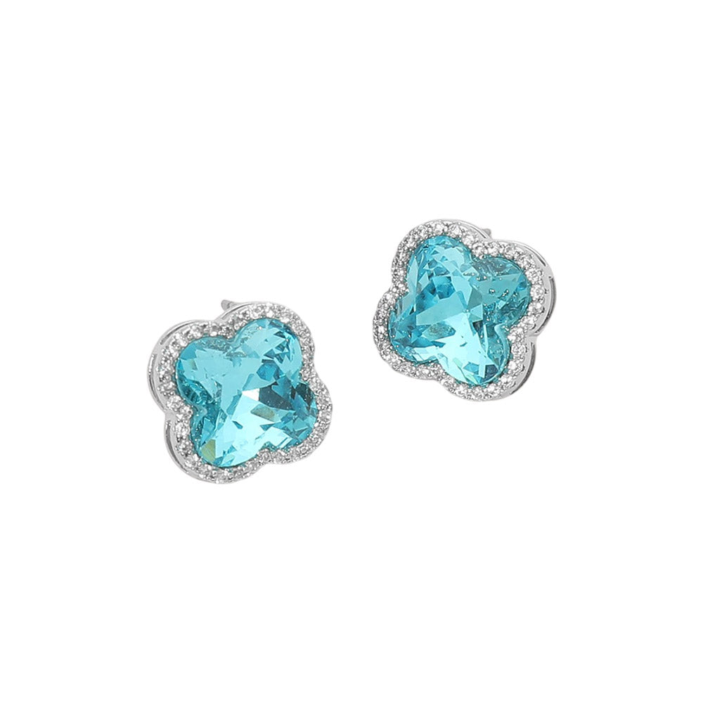 Aqua CZ Quatrefoil Stud Earrings for Women M H W ACCESSORIES LLC Aqua CZ Quatrefoil Stud Earrings for Women