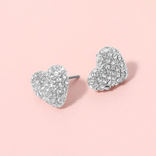 Silver Rhinestone Paved Puffy Heart Stud Earrings