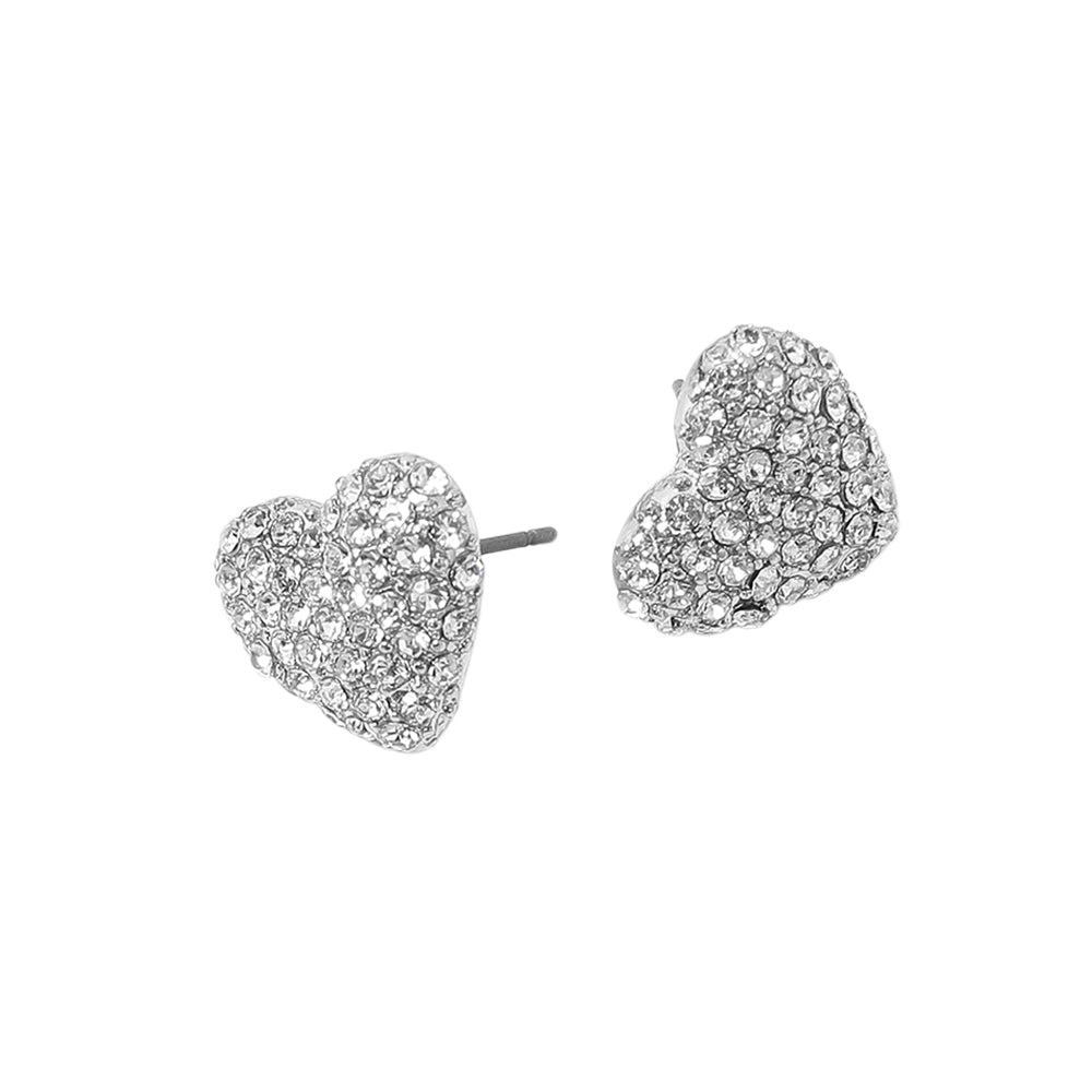 Silver Rhinestone Paved Puffy Heart Stud Earrings