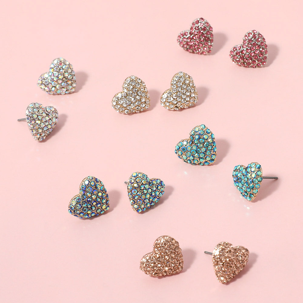 Silver Rhinestone Paved Puffy Heart Stud Earrings