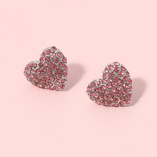 Pink Rhinestone Paved Puffy Heart Stud Earrings