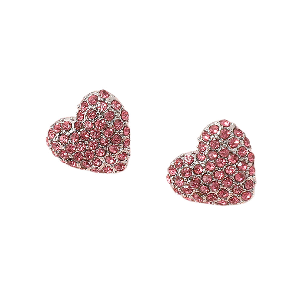 Pink Rhinestone Paved Puffy Heart Stud Earrings