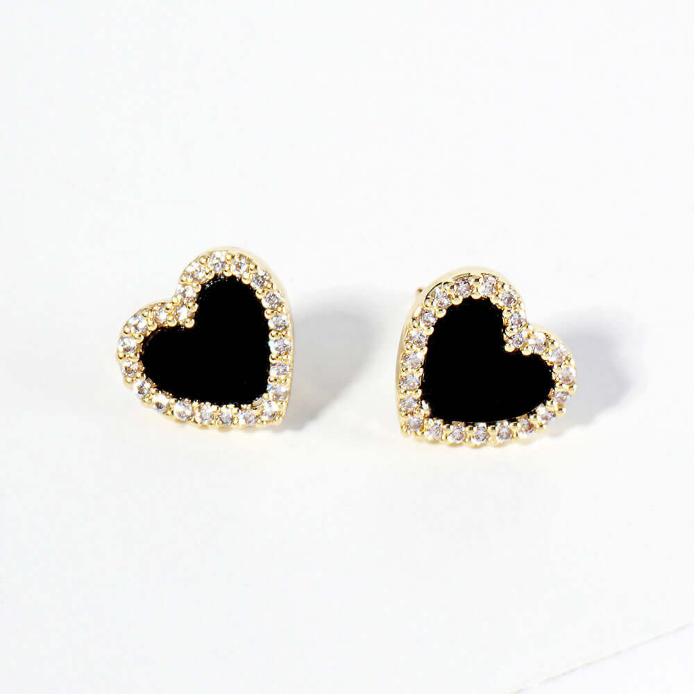 Black Gold Dipped CZ Paved Rim Heart Stud Earrings