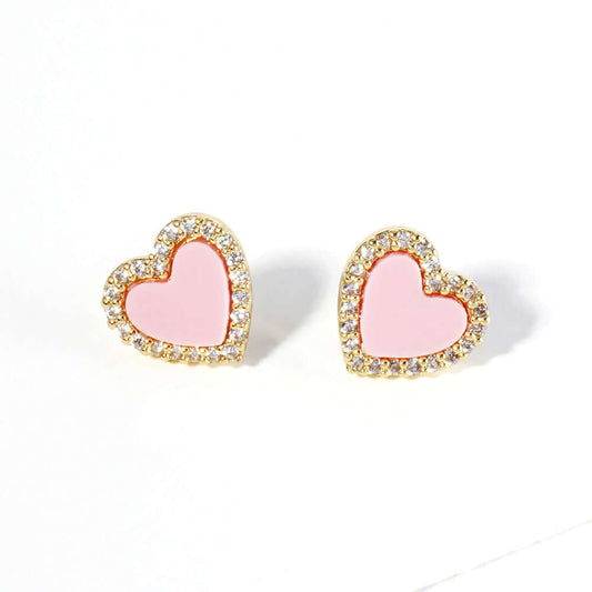 Pink Gold Dipped CZ Paved Rim Heart Stud Earrings