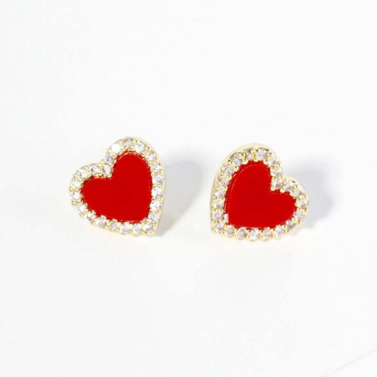 Red Gold Dipped CZ Paved Rim Heart Stud Earrings