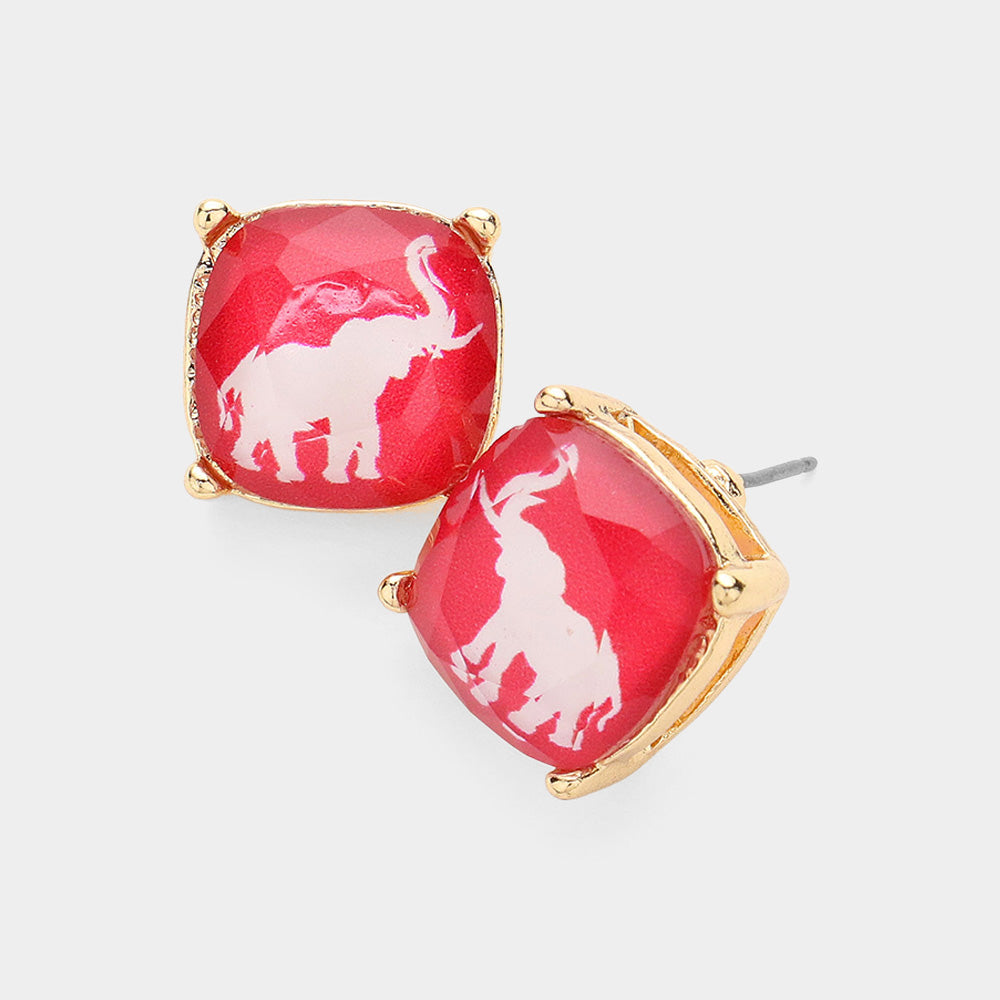Red Elephant Printed Cushion Square Stud Earrings - M H W ACCESSORIES LLC