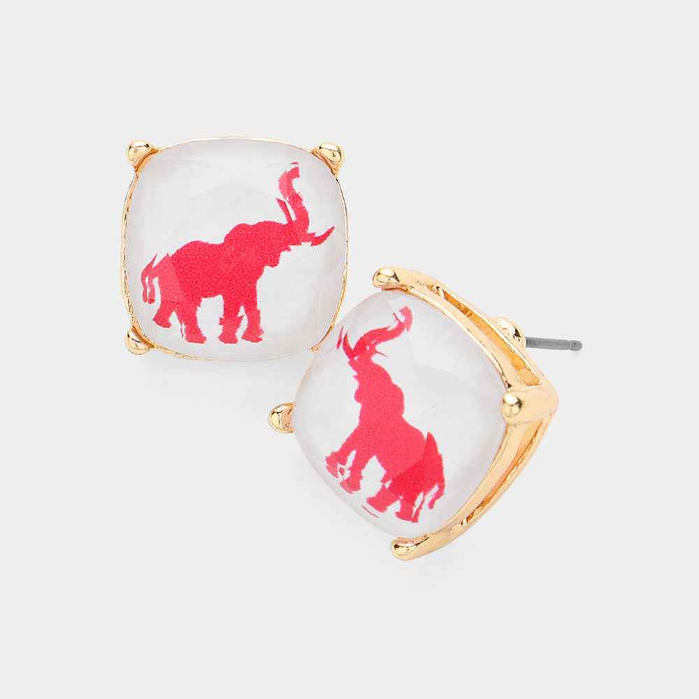 Red & White Elephant Printed Cushion Square Stud Earrings