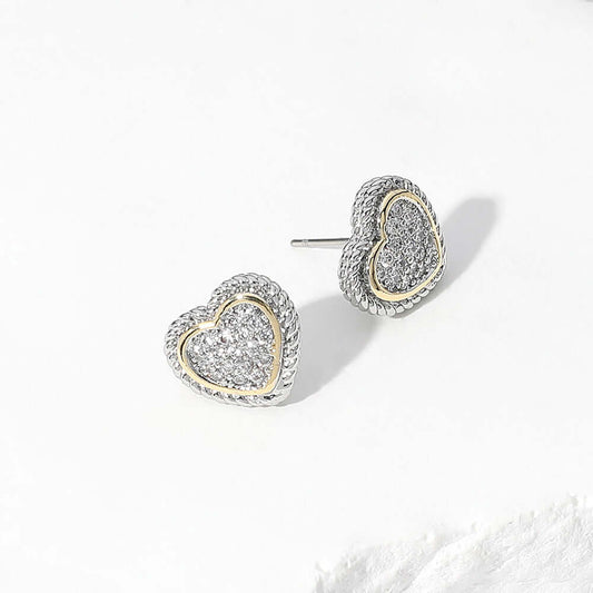 Two-Tone CZ Paved Heart Stud Earrings