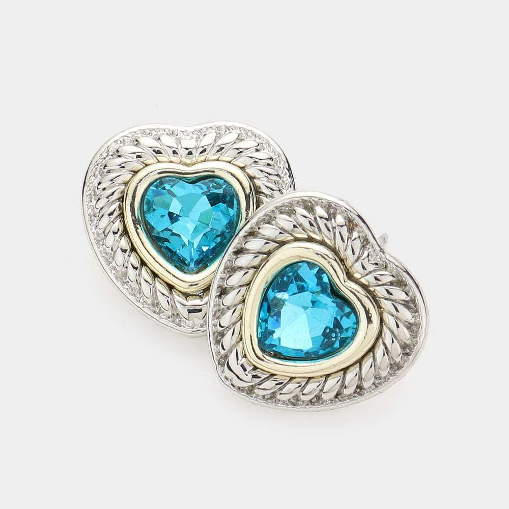 Aqua Crystal Stone Heart Stud Earrings-M H W ACCESSORIES - M H W ACCESSORIES LLC