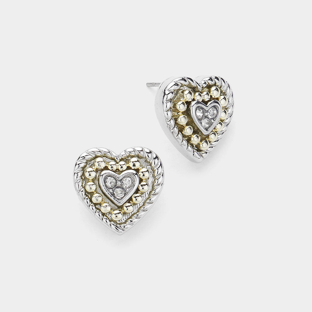 14K Gold Plated Stone Paved Two-Tone Heart Earrings - M H W ACCESSORIES LLC