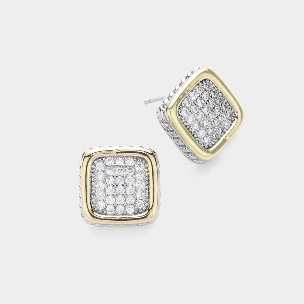 Silver CZ Stone Paved 14K Gold Plated Two Tone Square Stud Earrings - M H W ACCESSORIES LLC