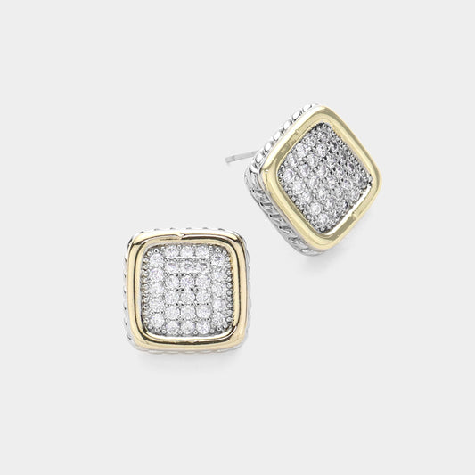 Silver CZ Stone Paved 14K Gold Plated Two Tone Square Stud Earrings - M H W ACCESSORIES LLC