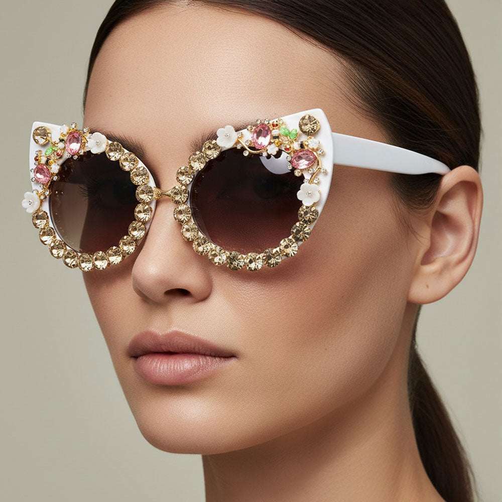 White Floral Vine Stone Embellished Cat Eye Frame Fashion Sunglasses M H W ACCESSORIES LLC White Floral Vine Stone Embellished Cat Eye Frame Fashion Sunglasses