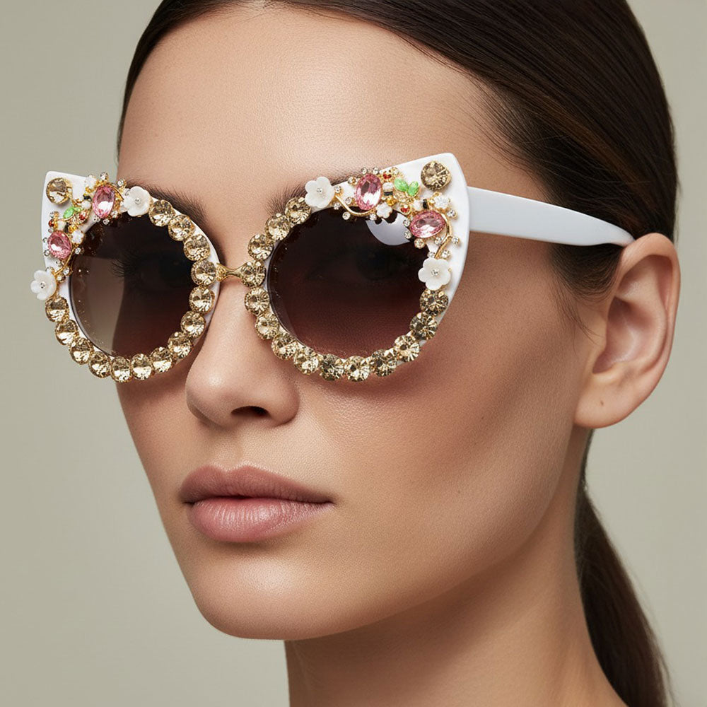 White Floral Vine Stone Embellished Cat Eye Frame Fashion Sunglasses
