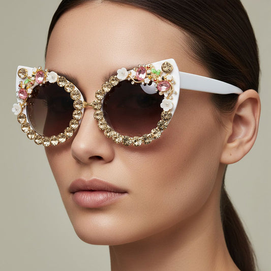 White Floral Vine Stone Embellished Cat Eye Frame Fashion Sunglasses