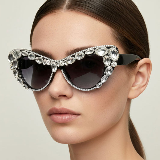 Black  Oversized Oval Crystal Embellished Cat Eye Frame Fashion Sunglasses