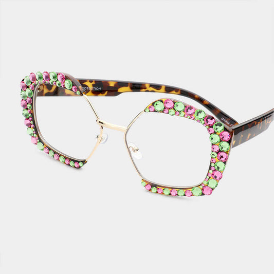 Pink & Green Crystal Embellished Detail Pentagon Clear Lens Sunglasses