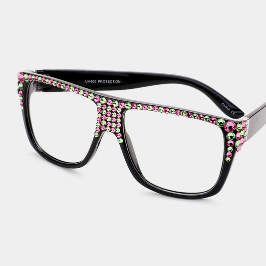 Pink and Green Two Tone Stone Embellished Wayfarer Retro Sunglasses