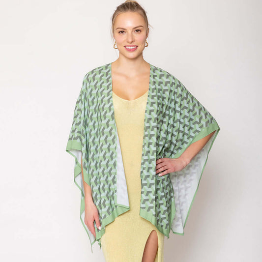 Sage Geometric Pattern Print Ruana Poncho - M H W ACCESSORIES LLC