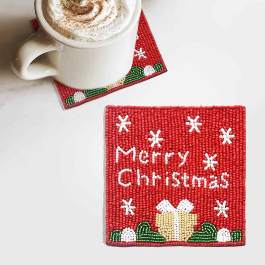 Set of Four Seed Beaded Merry Christmas Coaster