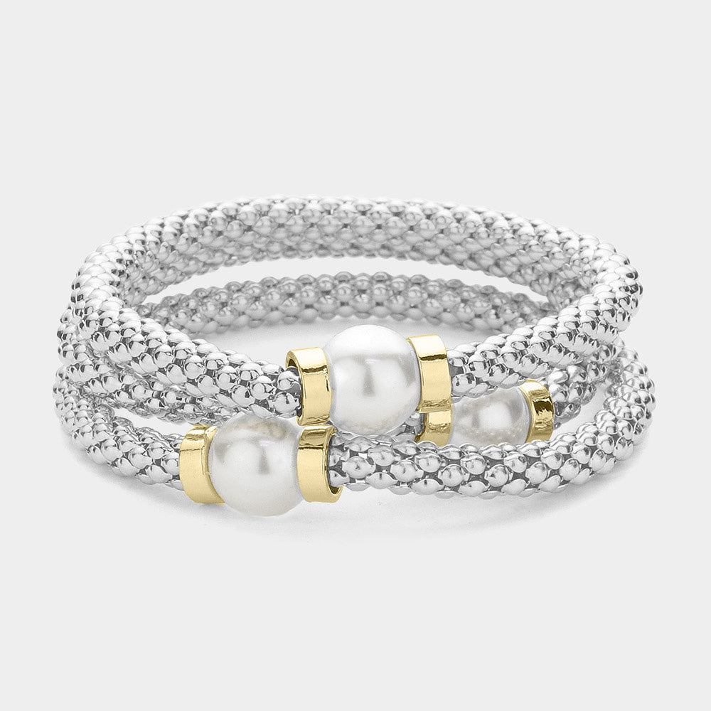 Silver 3PCS - Pearl Pointed Mesh Metal Stretch Multi Layered Bracelets - M H W ACCESSORIES LLC