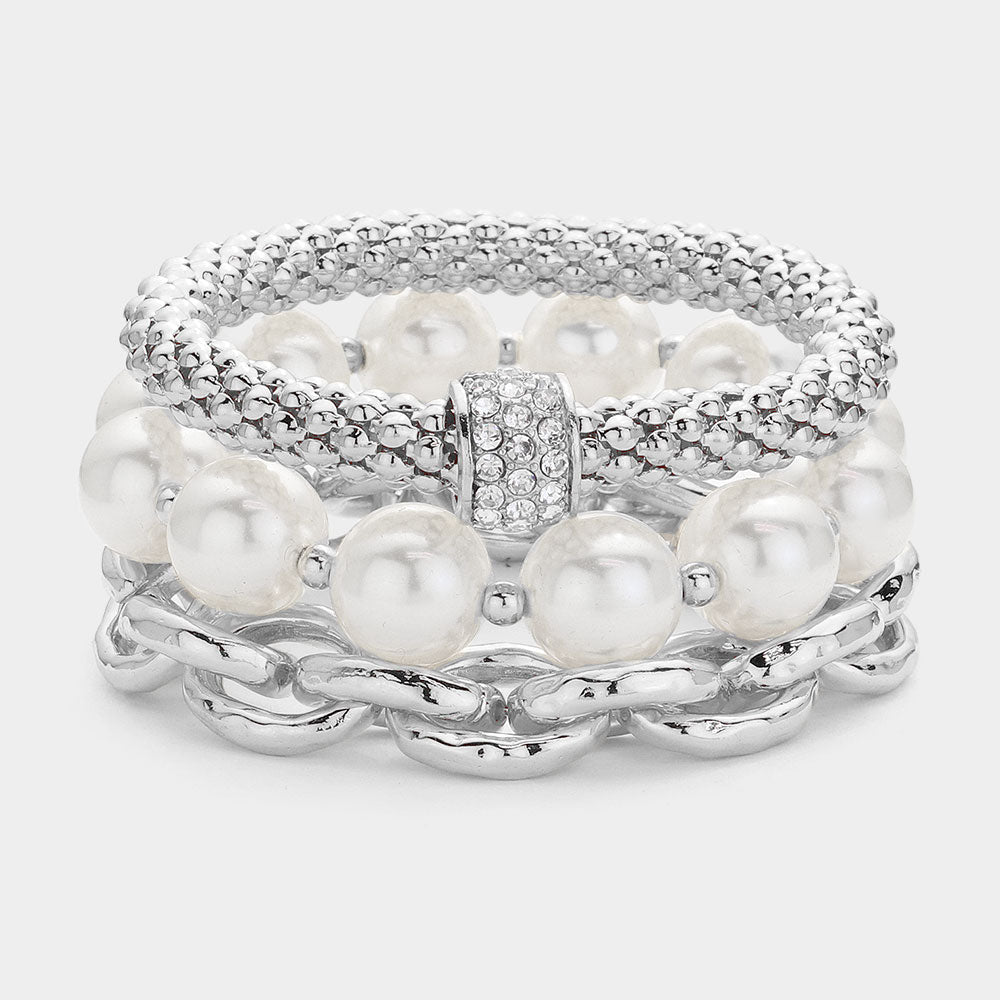 Silver 3PCS - Pearl Stone Paved Ball Pointed Metal Chain Stretch Multi Layered Bracelets - M H W ACCESSORIES LLC