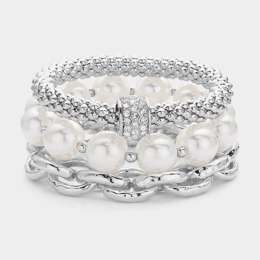 Silver 3PCS - Pearl Stone Paved Ball Pointed Metal Chain Stretch Multi Layered Bracelets - M H W ACCESSORIES LLC