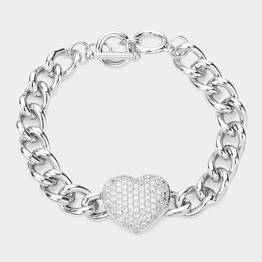 Silver CZ Embellished Heart Charm Toggle Bracelet - M H W ACCESSORIES LLC