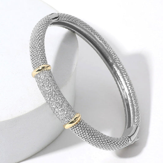 Silver CZ Stone Paved Two Tone Mesh Hinged Bangle Bracelet - M H W ACCESSORIES LLC