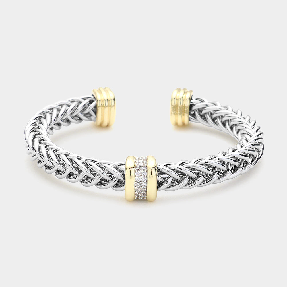 Silver CZ Twisted Braided Cable Cuff Bracelet-M H W ACCESSORIES - M H W ACCESSORIES LLC