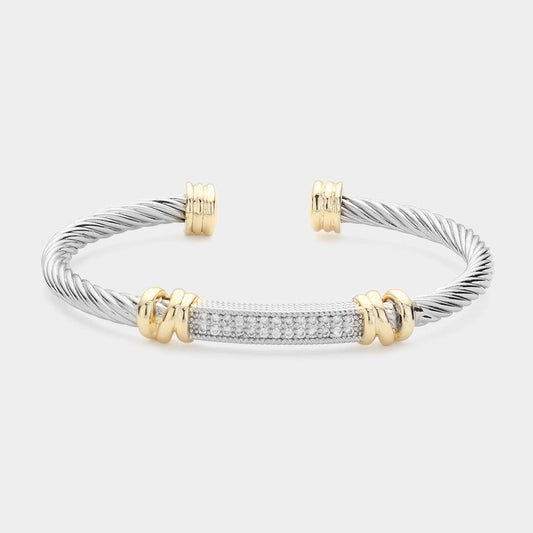 Silver CZ Two Tone Metal Cable Cuff Bracelet- M H W ACCESSORIES - M H W ACCESSORIES LLC
