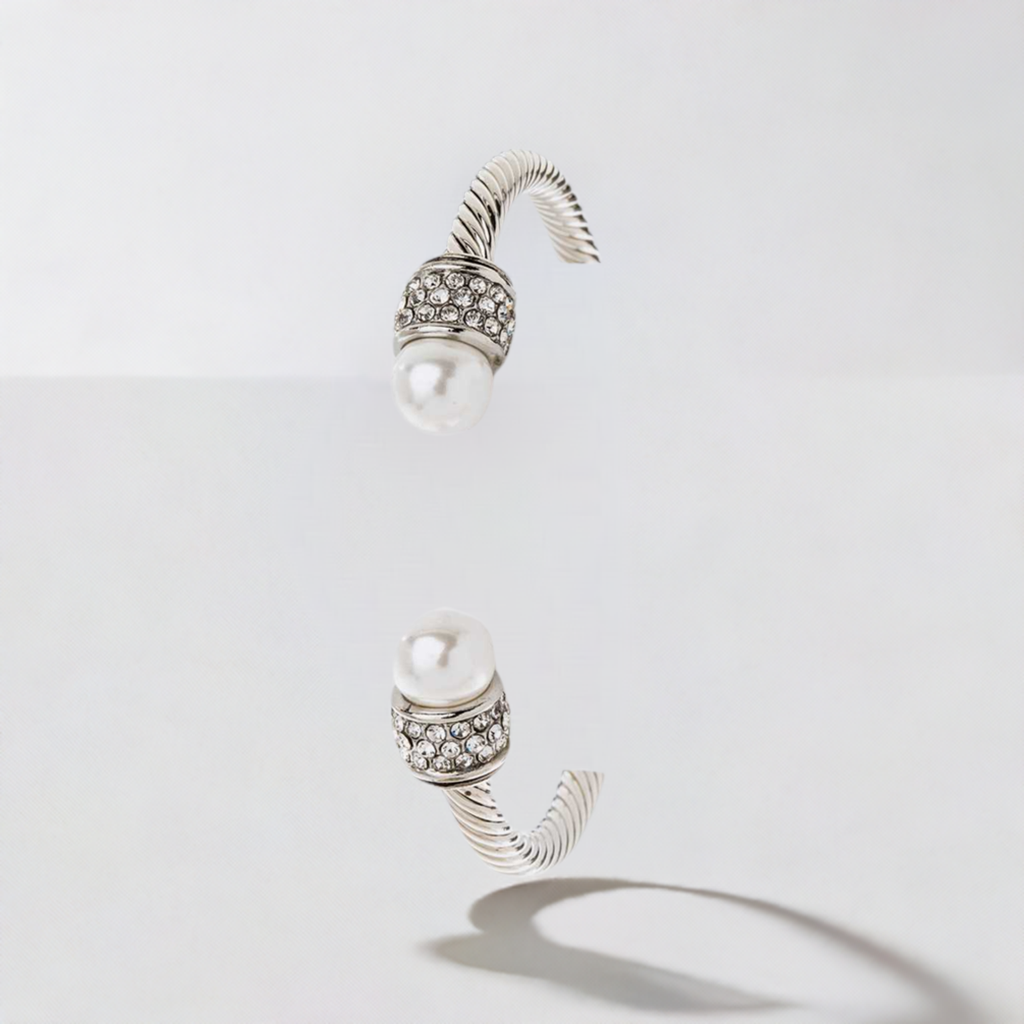 Silver Cable Twisted Cuff CZ Pearl Bracelet-M H W ACCESSORIES - M H W ACCESSORIES LLC